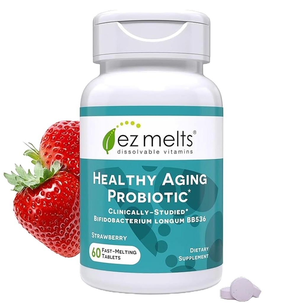 EZ Melts Dissolvable Healthy Aging Probiotic, Bifidobacterium Longum BB536 (2 miliardy CFU), bez cukru, probiotiká pre ženy a mužov 50+, 2-mesačná zásoba - 1 balenie