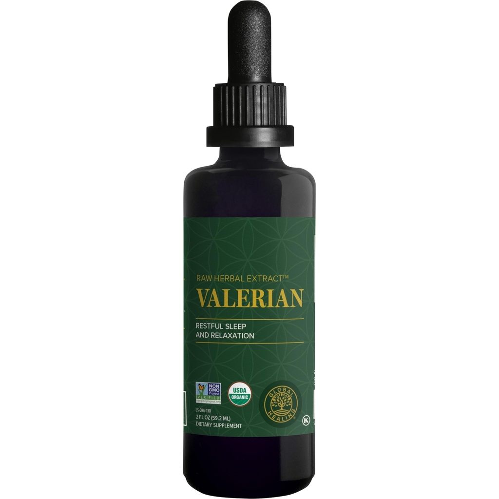Global Healing Organic Valerian Root Extract Liquid Supplement - Raw Herbal Extract for Healthy Relaxation, Sleep & Calm -Alternative to Valerian Root Capsules for Biodostupnosť - 2 Fl Oz