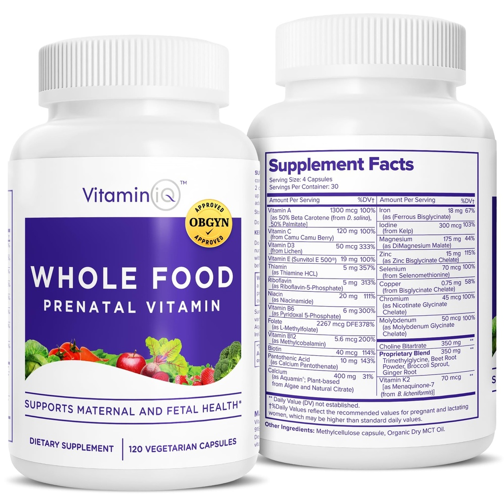 Prenatálne vitamíny (120 kapsúl) Natural Support for Maternal and Fetal Health, Prenatal Multivitamín pre ženy s cholín, B vitamíny a viac, Vegan, No Soy, Gluten alebo Dairy