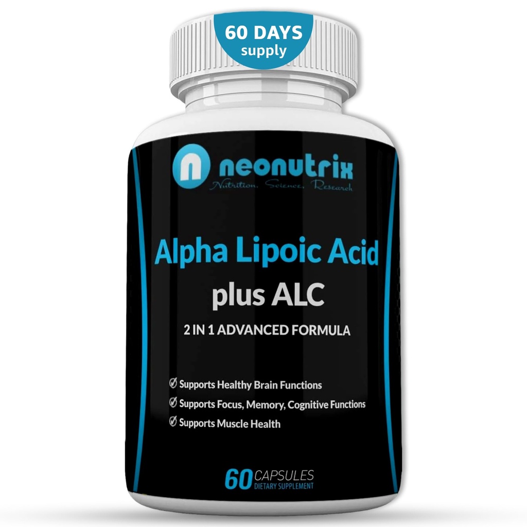 Alpha Lipoic Acid Plus Acetyl L-karnitín Antioxidant doplnok ALA ALC pre zdravý mozog funkcie a svalovej sily, zameranie, pamäť a kognitívne funkcie pre ženy a mužov - 60 kapsuly Neonutrix