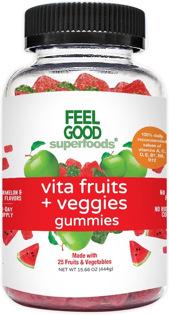 FeelGood Superfoods Vita Fruits and Vegeties Supplements, Multivitamínové ovocie a zeleninové Gummy, 25 Ovocie a zelenina, Vodový melón a Apple Flavors, Vegan, Non-GMO, 60 Počet