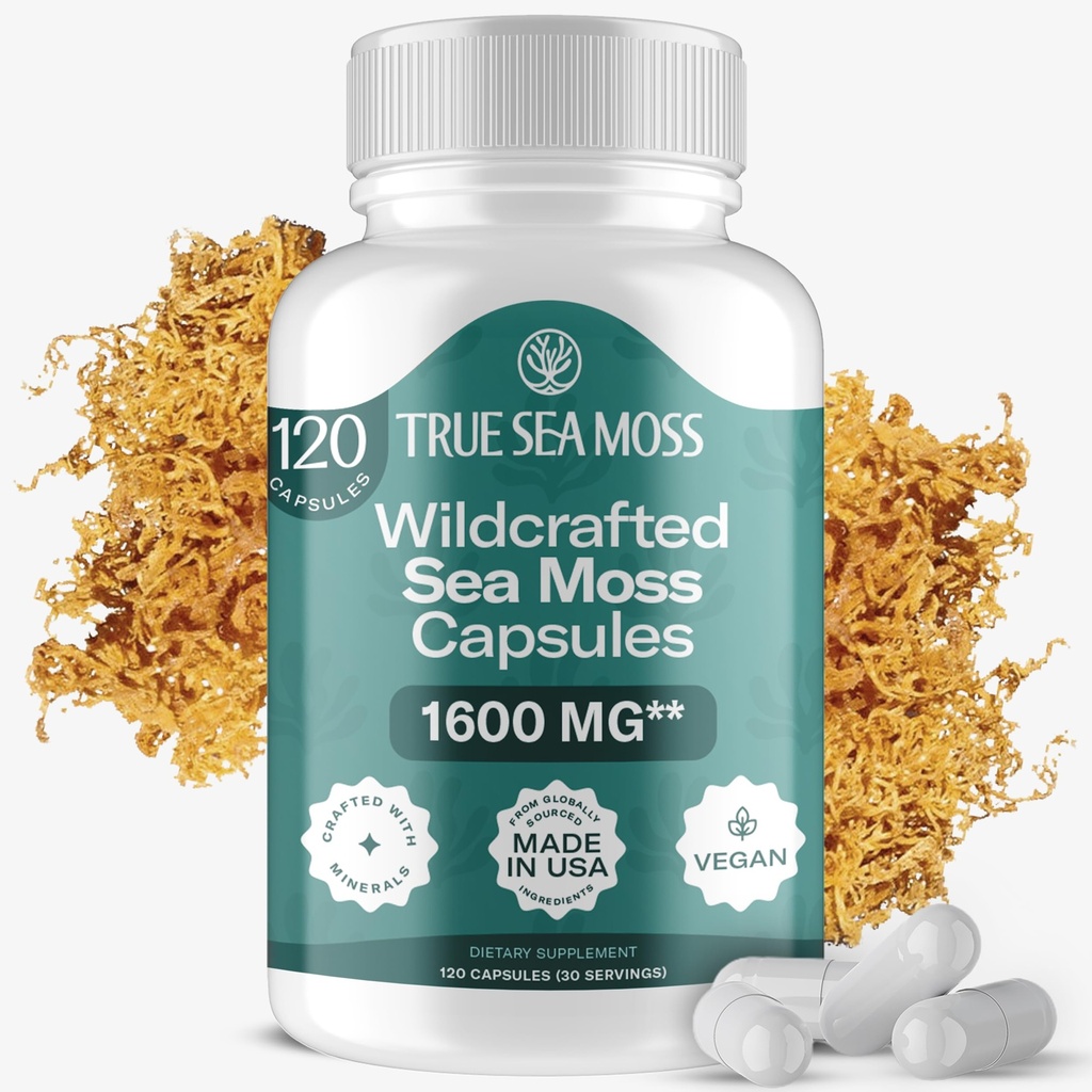 TrueSeaMoss Irish Sea Moss Capsulas - 120 Pôvodné kapsule (1600mg) - Prebiotic Superfood - Boosts Imunitný a tráviaci systém - zdravá koža, Keto Detox, Gut, Spoločná podpora