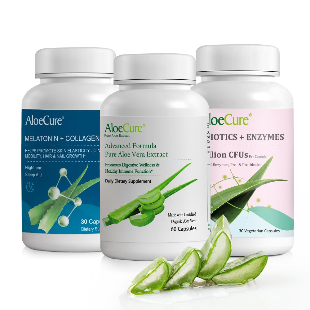 AloeCure Organic Aloe Vera Kapsule Balenie - 3 kusy - Melatonín + kolagén, Aloe Vera Kapsule, Probiotiká + Enzyme