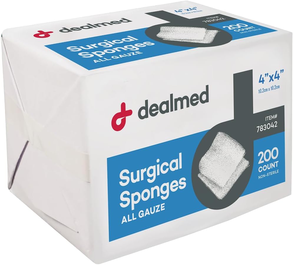 Dealmed 4" x 4" Operačné spongá, 8-Ply, Non-Woven Absorbent Gauze Spongá pre starostlivosť o rany, Kits prvej pomoci a lekárske zariadenia, 200 Počet (Pack of 1)