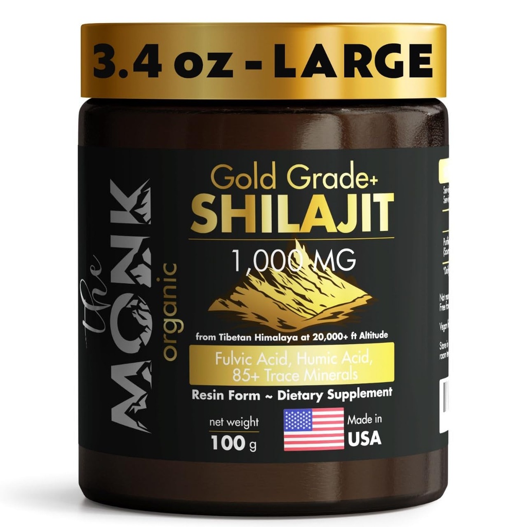 Organický Himalayan Shilajit Resin s kyselinou fulvovou, kyselina Humidová, 85+ Minerály- Gold Grade Plus - 100g, 1000 mg Per Serving - Energy, Stamina, Podpora mozgu - Vyrobené v USA