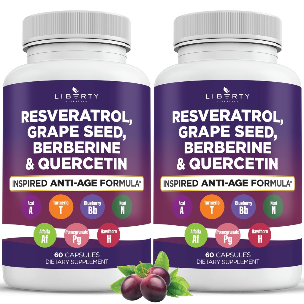 Resveratrol, Berberín, výťažok z hroznových semien, Quercetin, polyfenolový doplnok pre ženy a mužov s extraktom Noni, N-acetylcysteín, acai extrakt - 2-Pack