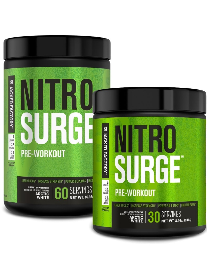 Jacked Factory NITROSURGE Pre Cvičenie Supplement - Nekonečná energia, okamžitá sila Zisky, jasné zameranie, intenzívne čerpadlá - NO Booster & Výkonný Preworkout Energy Powder - 90 Slúži, Arktická biela