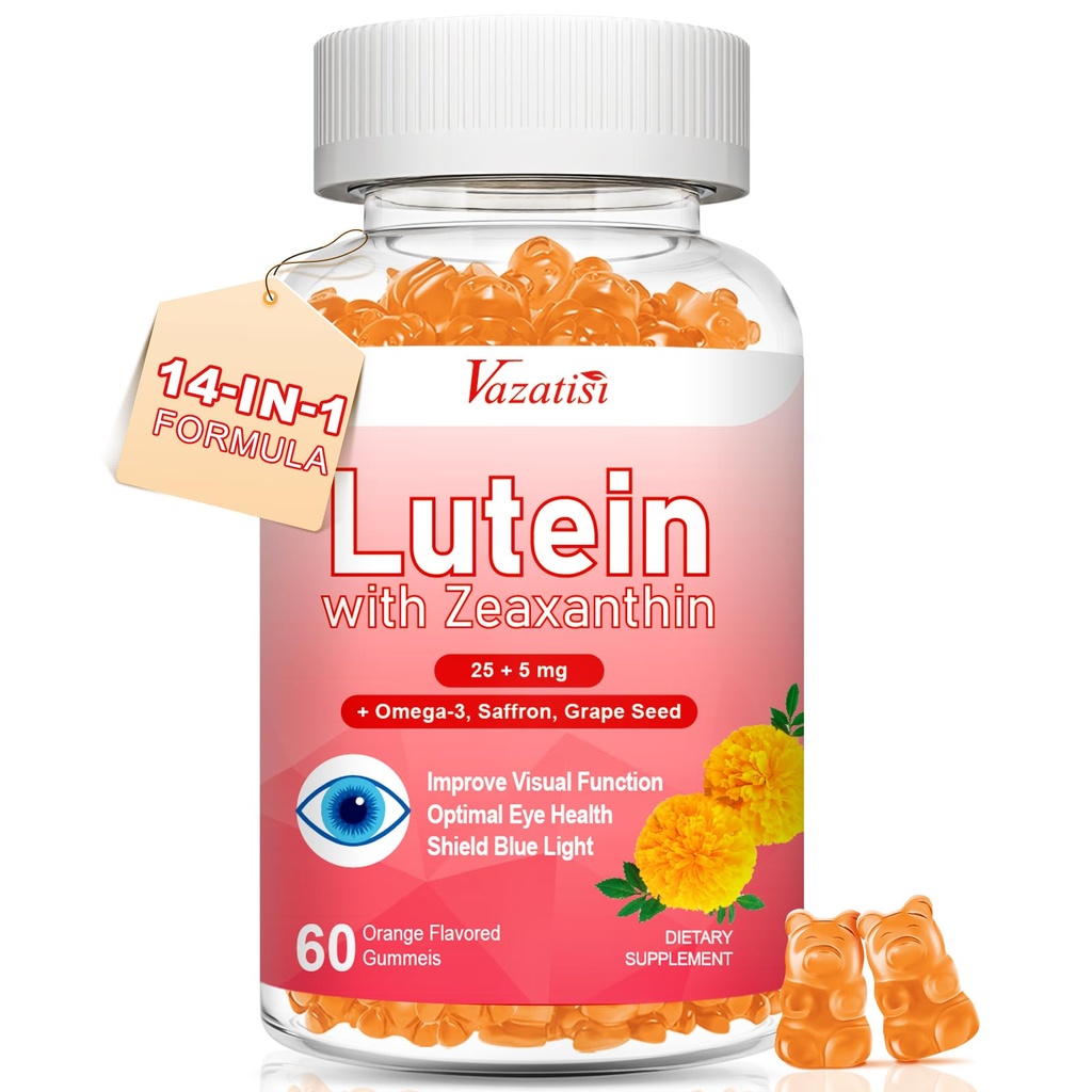 Luteín a Zeaxantin doplnky Gummy, Advanced Očné vitamíny s čučoriedkami, Šafrán, Hroznové semeno, Omega 3 pre makulárne zdravie, suché oči, vizuálne funkcie - Orange Flavor, 60 Počet