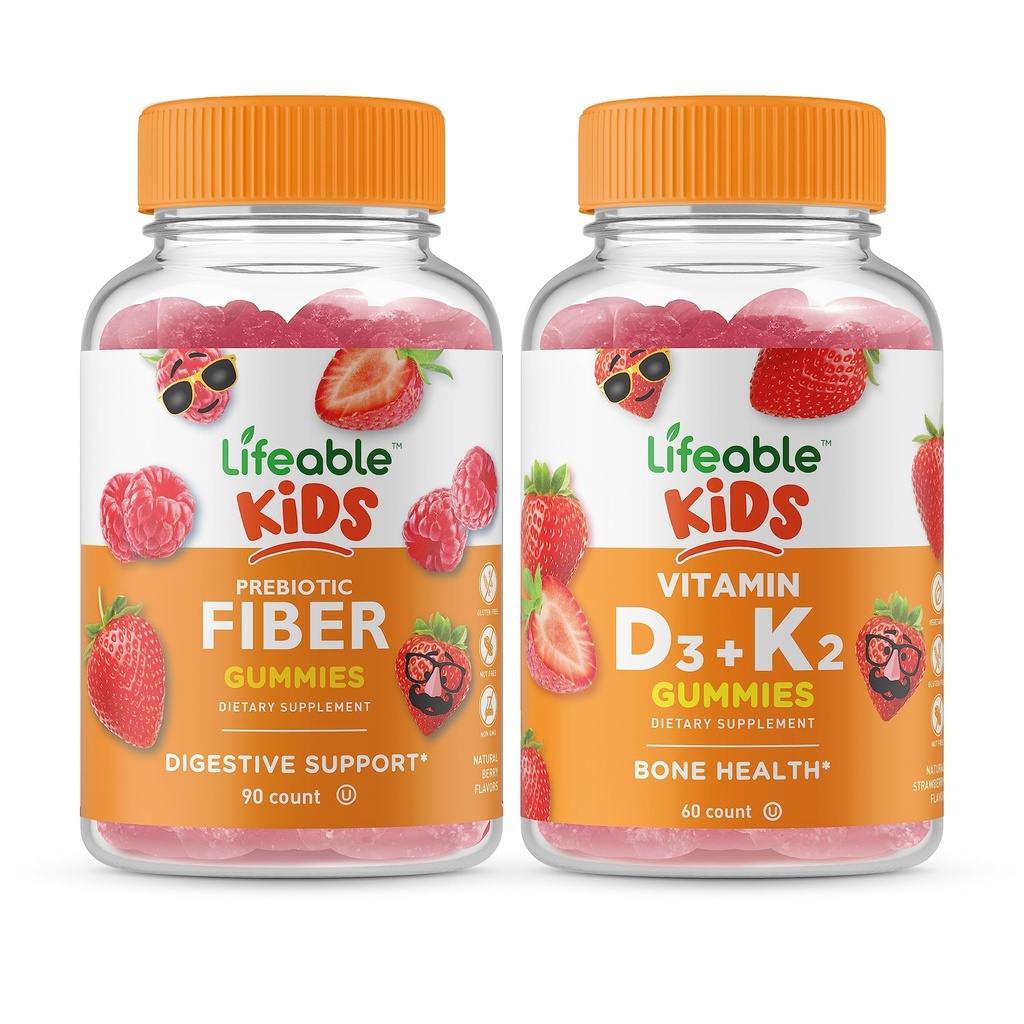 Životaschopné prebiotické Fiber Kids + vitamín D3 + vitamín K2 Kids, Gummies Bundle - veľké ochutnávky, vitamínové doplnky, bez lepku, bez GMO, Žuvacia Gummy