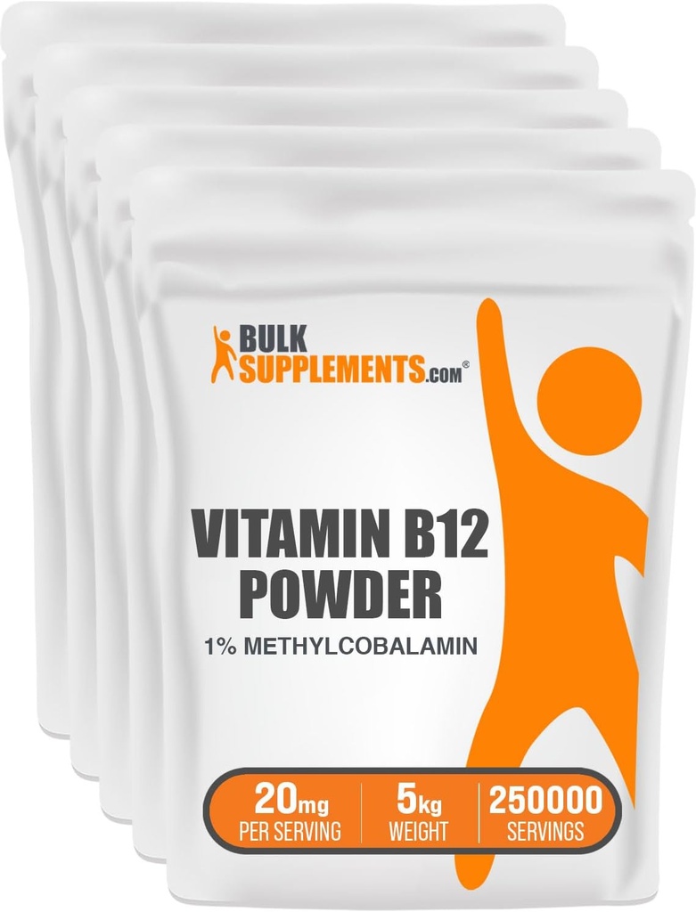 BulkSupplements.com Vitamín B12 Metylkobalamín prášok - 1% B12 Metylkobalamín, Essential B Vitamín - B12 doplnok, bez gluténu, 20 mg na porciu, 5 kg (11 lbs) (Pack of 1)