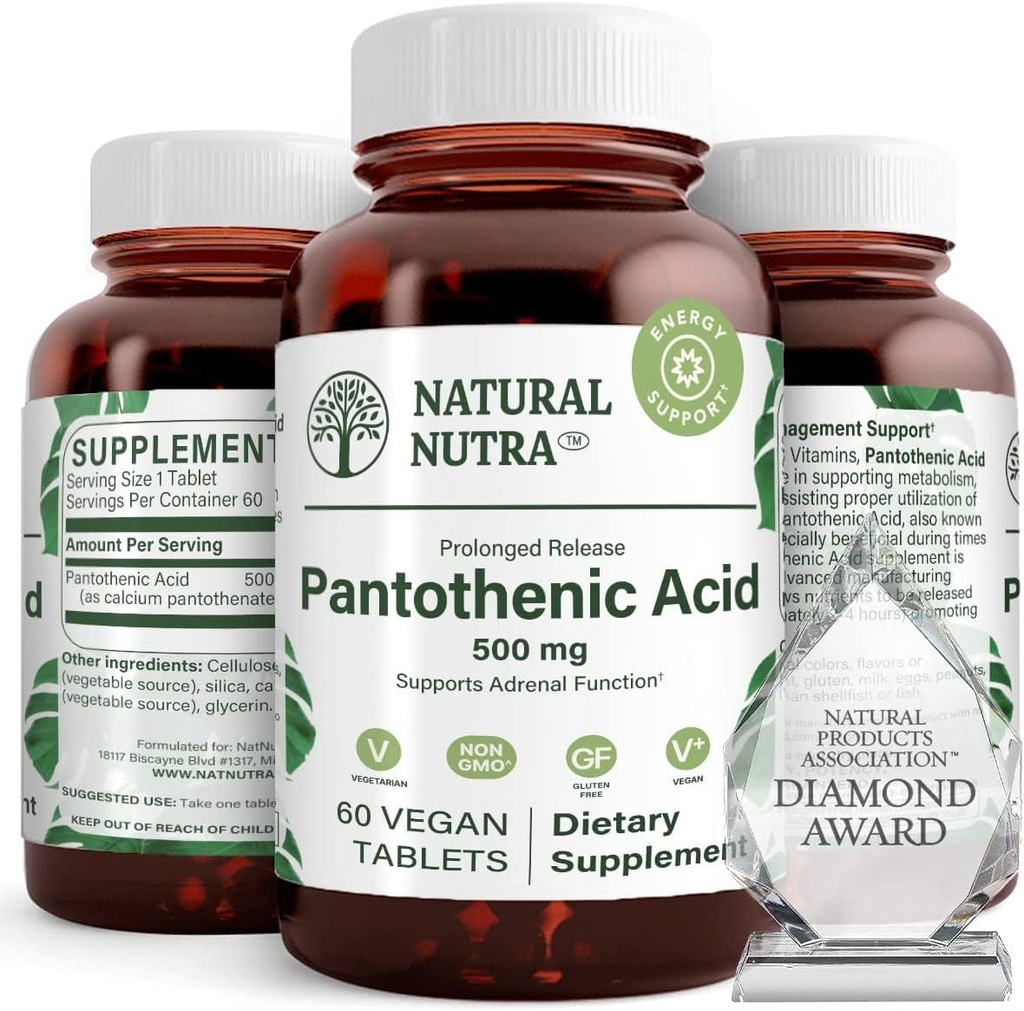 Prírodné Nutra Time Release Kyselina pantoténová 500 mg, vitamín B5 doplnok pomáha zlomiť tuk a karbohydráty, metabolizmus a energia, zlepšenie svalového zdravia, 60 vegetariánske tablety (3 balenia)