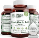 Prírodné Nutra Time Release Kyselina pantoténová 500 mg, vitamín B5 doplnok pomáha zlomiť tuk a karbohydráty, metabolizmus a energia, zlepšenie svalového zdravia, 60 vegetariánske tablety (3 balenia)