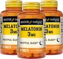 MASON NATURAL Melatonin 3 mg s B6 & Calcium, Natural Sleep Aid, podporuje pokojný spánok, 60 tabliet (Pack of 3)