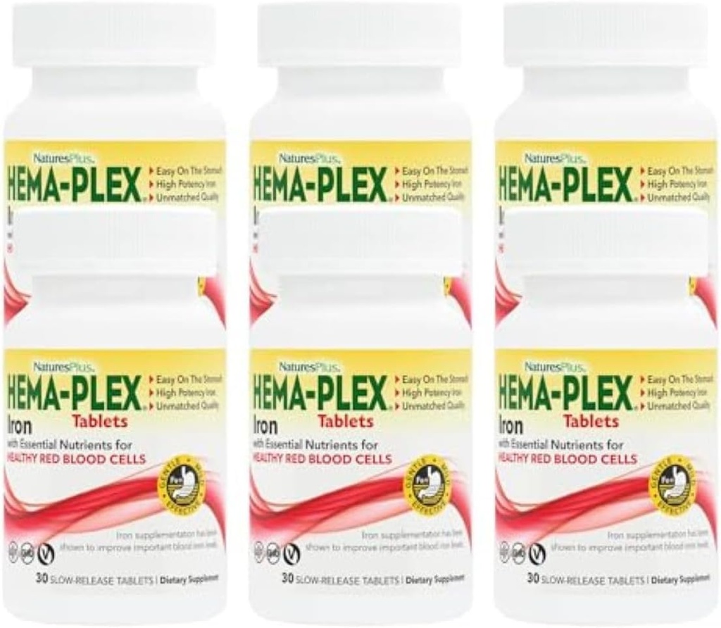 NaturesPlus Hema-Plex Železo - 30 Tablety s trvalým uvoľňovaním, balenie 6-85 mg Elementárneho železa - celkové zdravie krvi - s vitamínom C a bioflavonoidmi - Vegan, bez lepku - 180 celkových porcií