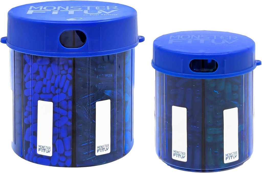 Monster Supplement Mediciation Pill Dispenser with Compartment Labels - Extra Large Pill Kontajnerová fľaša Rukoväte Takmer akýkoľvek doplnok - Ľahko sa dispense (Monster Blue & Monster Jr. Blue)
