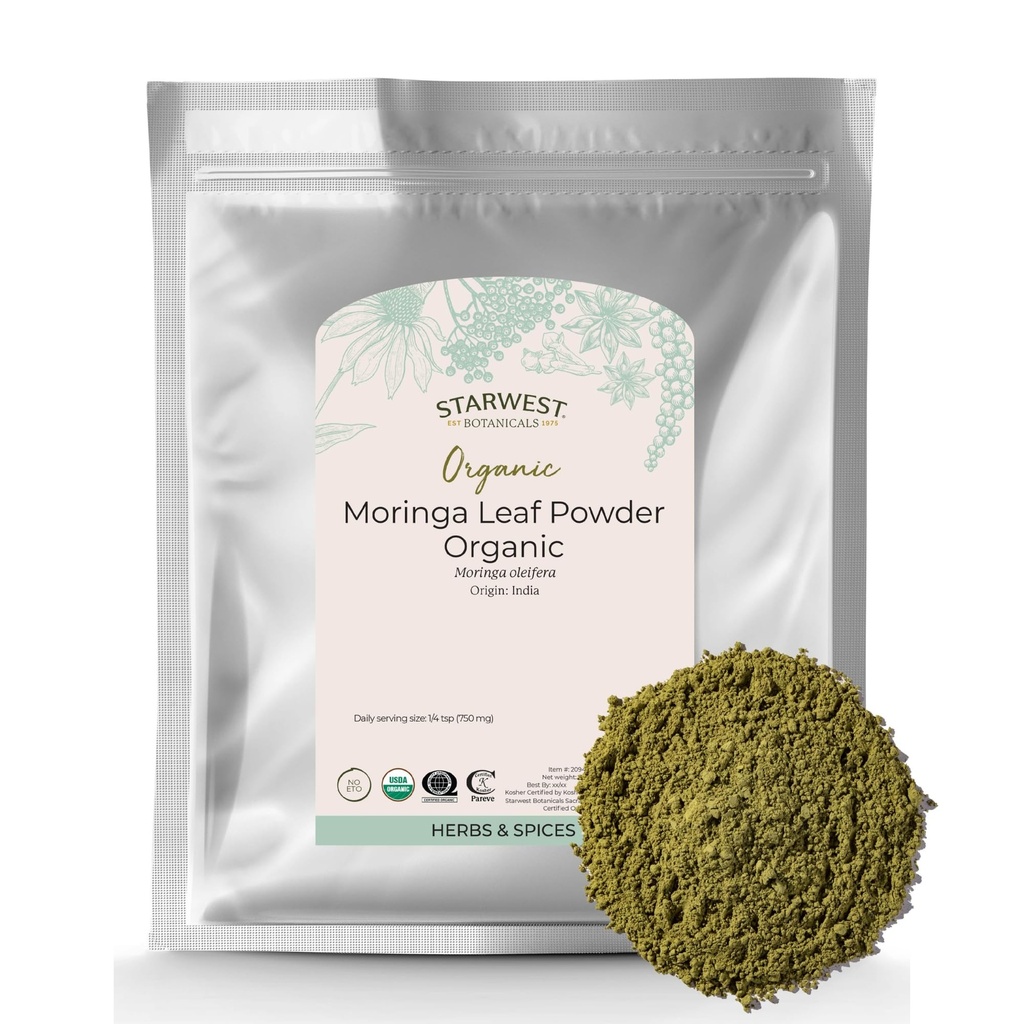 Starwest Botanicals Organic Moringa Leaf Powder - Green Superfood Powder for Tea, Capsules, Juice, & Smoothies, Natural Source of Antioxidants, Certified Kosher, Non GMO - hromadne 1 lb Bag