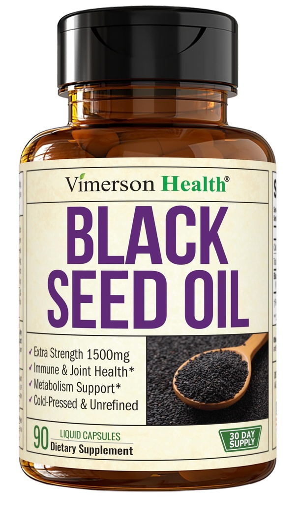 Black Seed Oil - Cold Pressed Black Seed Oil Kapsule - Poskytuje vitamín E a Omega 3 6 9 - Vysoká potencia (1500mg) pre Immune & Joint Support, Antioxidanty, Tráviace, vlasové nechty - Vegan 90 Caps