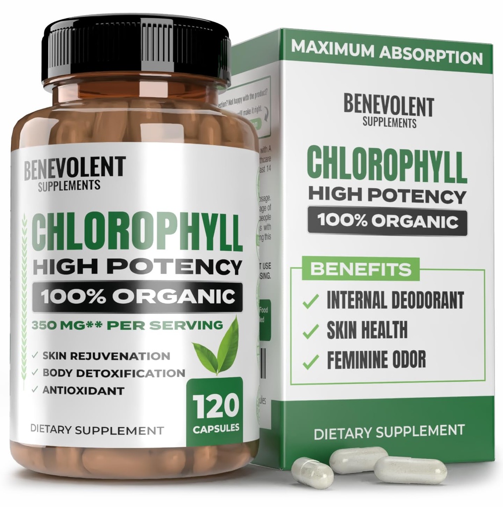 Benevolentné Chlórofyl kapsuly 350 mg - 100% Natural + Ultra Chlorofyl 20x Potency Concentration for Energy Boost, Immune Support, Internal Deodorant, Skin Health, Non-GMO, 120 Kapsule