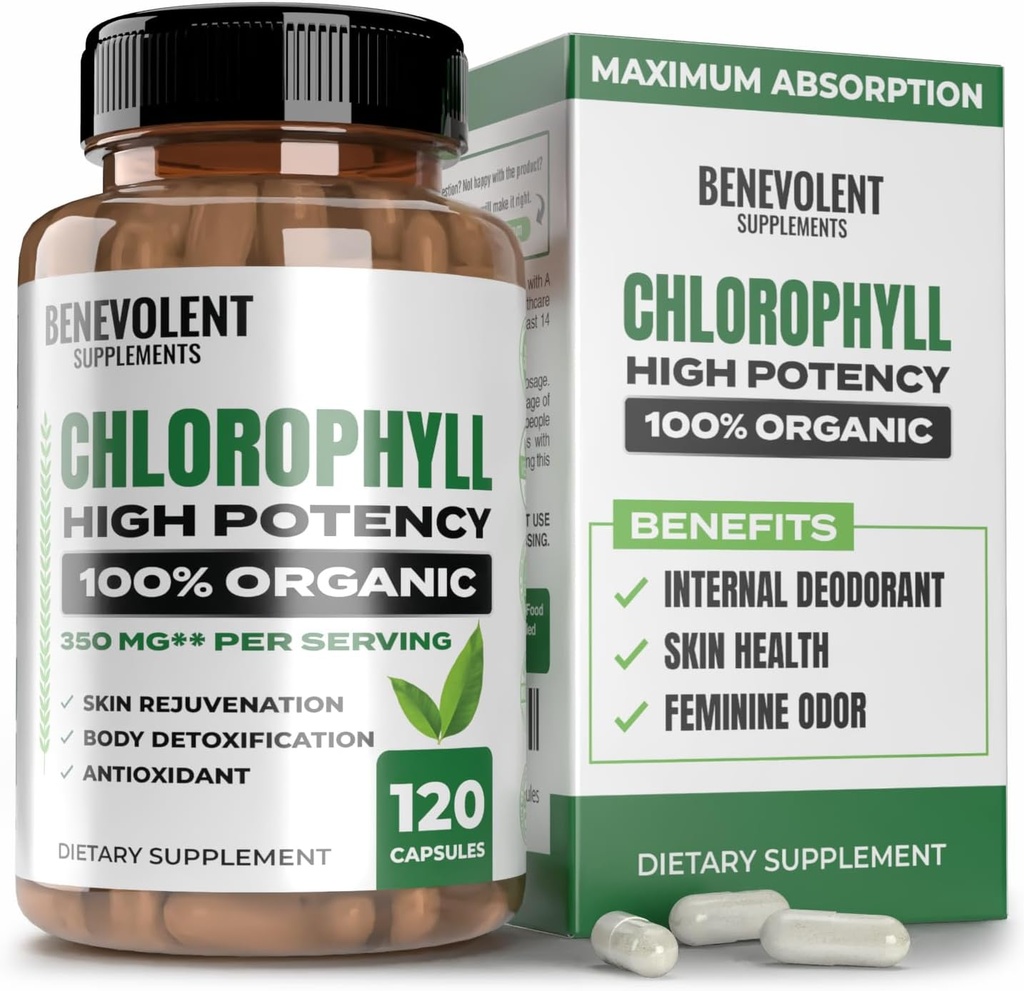 Benevolentné Chlórofyl kapsuly 350 mg - 100% Natural + Ultra Chlorofyl 20x Potency Concentration for Energy Boost, Immune Support, Internal Deodorant, Skin Health, Non-GMO, 120 Kapsule