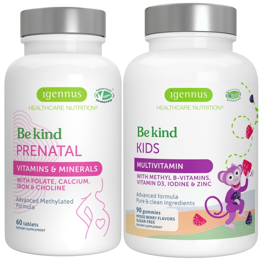 Vysoká absorpcia Metylated Prenatálne + pokročilé deti Multivitamín Gummy Vegan Bundle, Čistá značka s vitamínom A, B, C, D3 & E, 60 tabliet + 90 Berry Flavor Gummies, Byť Kind by Igennus