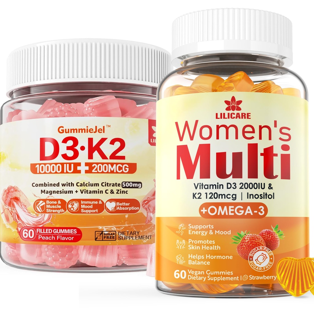 Vitamín D3 K2 bez obsahu cukru, naplnené guličky + multivitamín pre ženy