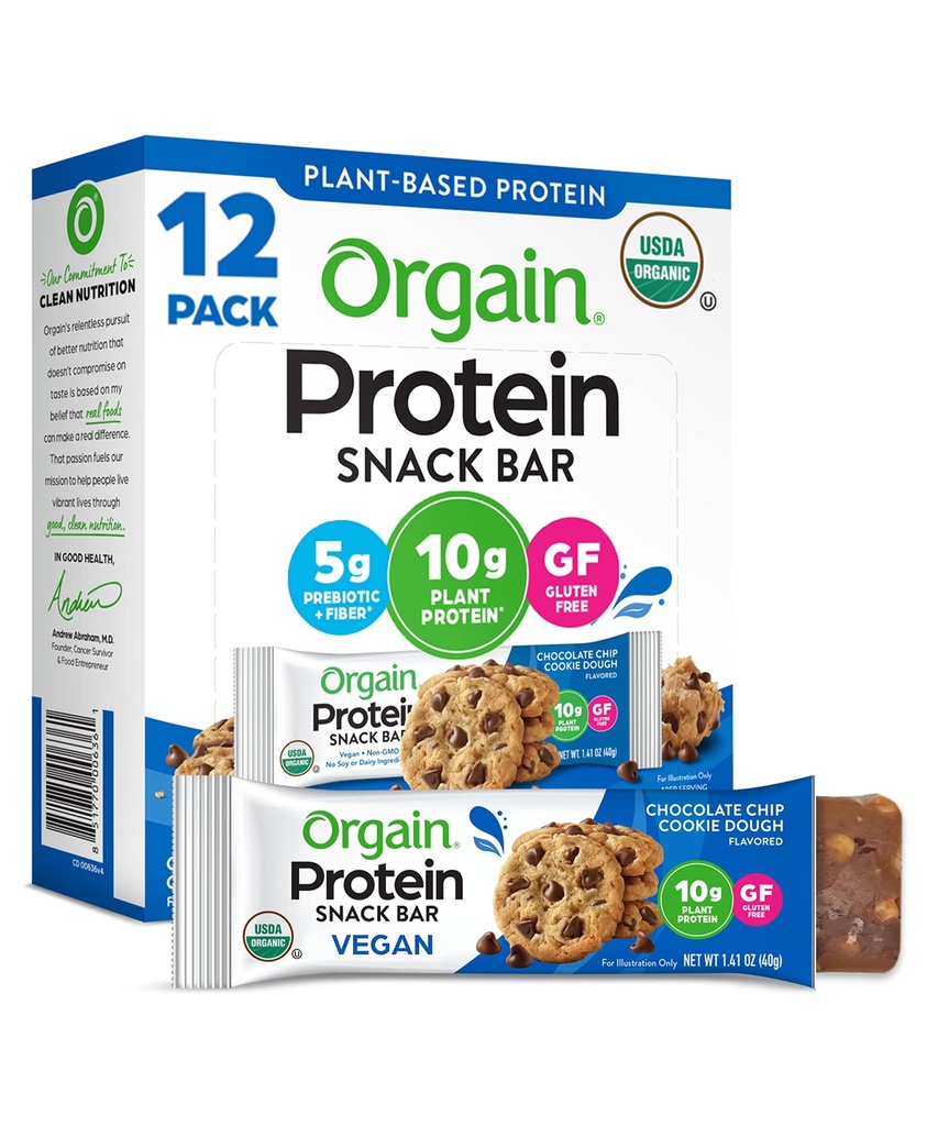 Orgain Organic Vegan Protein Bars, Čokoláda Chip Cookie Dough - 10g Plant Based Protein, Low Calorie Healthy Snacks, Žiadna laktóza alebo sójové zložky, Gluten Free, Non-GMO - 1.41 Oz (Pack of 12)