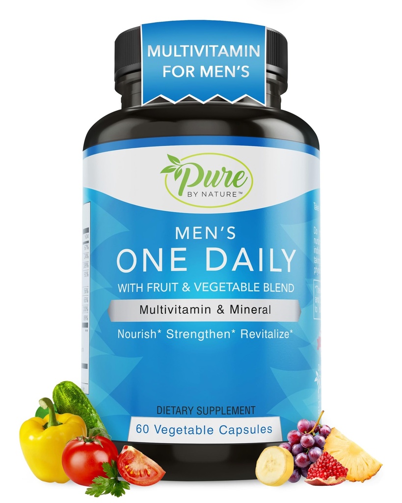 Pure by Nature One-Daily Multivitamín pre mužov, Immune Suplement with non-GMO Ingredient, Vitamín a minerály pre energiu, 60 Veggie Kapsule
