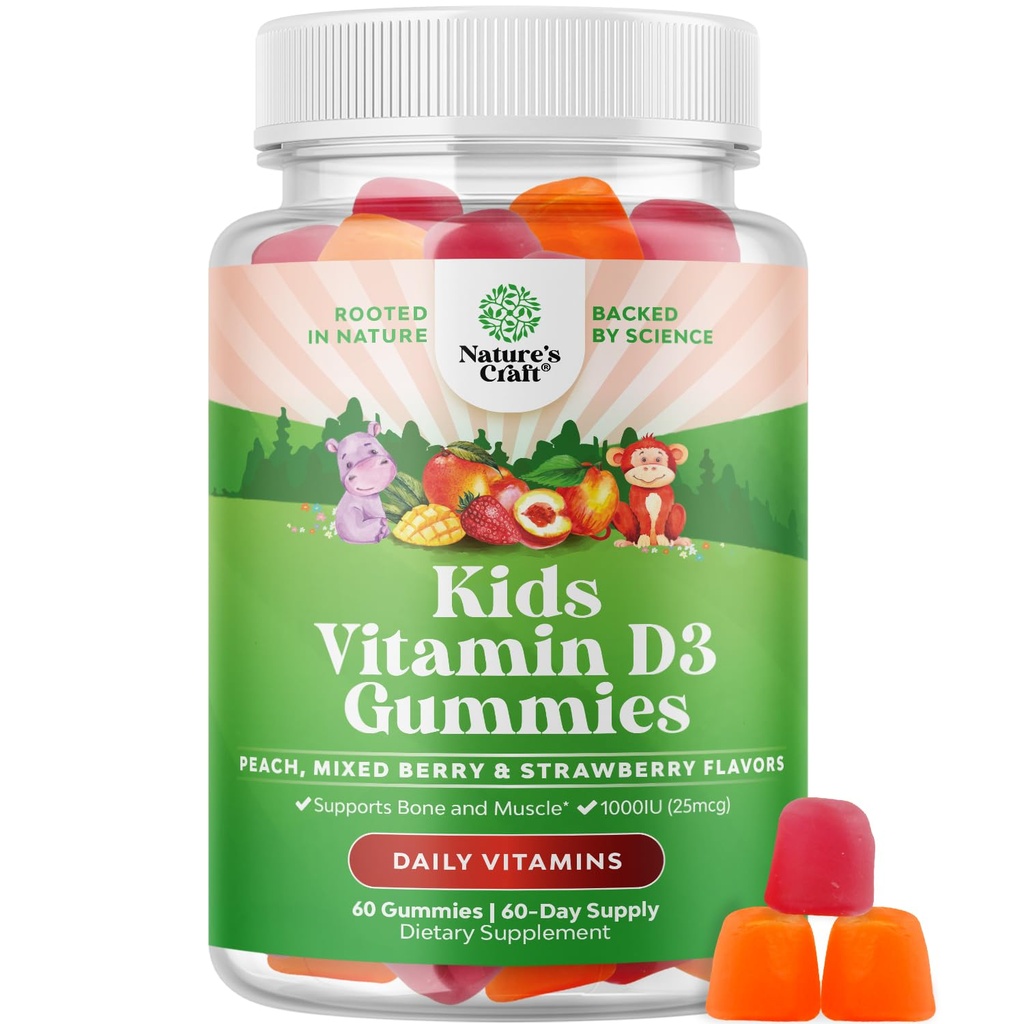 Žuvacie vitamín D Gumičky pre deti - Delicious Kids Vitamín D 1000 IU na podávanie žalúdočných vitamínov pre a batoľatá Imunitná podpora Plus svalové zuby a zdravie kostí - želatínové ovocné príchute
