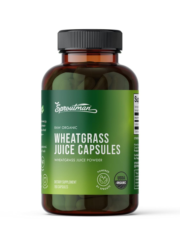 Organické pšeničná tráva Powder Kapsule od Sproutman - 100% čistá pšeničná tráva - Aids Digestion - vysoký obsah vitamínov, antioxidantov, chlorofylu, enzýmov, minerálov a energie (150 pilulky)