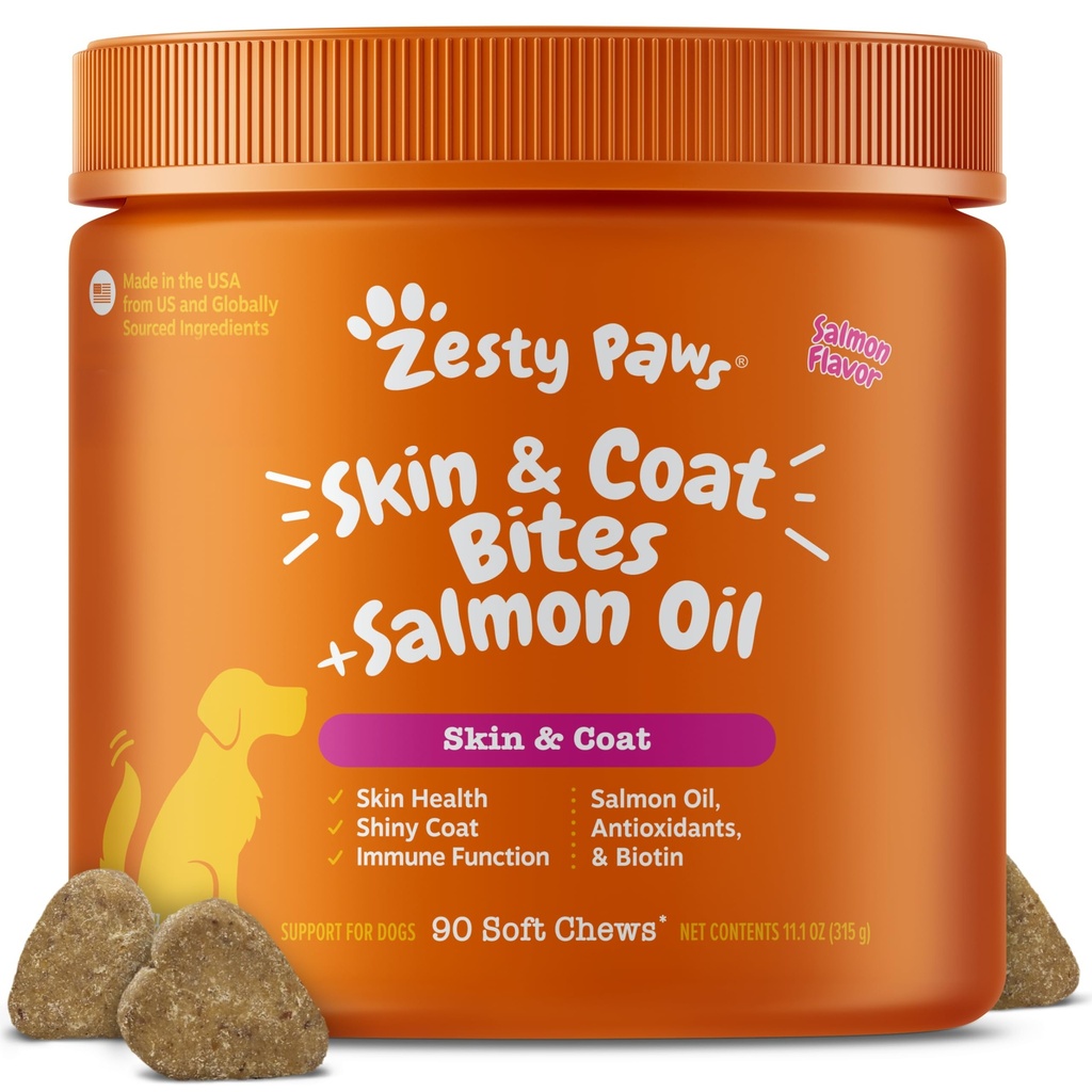 Zesty Paws Salmon Oil for Dogs Skin and Coat, Omega 3 Fish Oil Chews, Dog Allergy Relief Chews, Ich Relief Supplement, 90 Gróf, Salmon Flavor