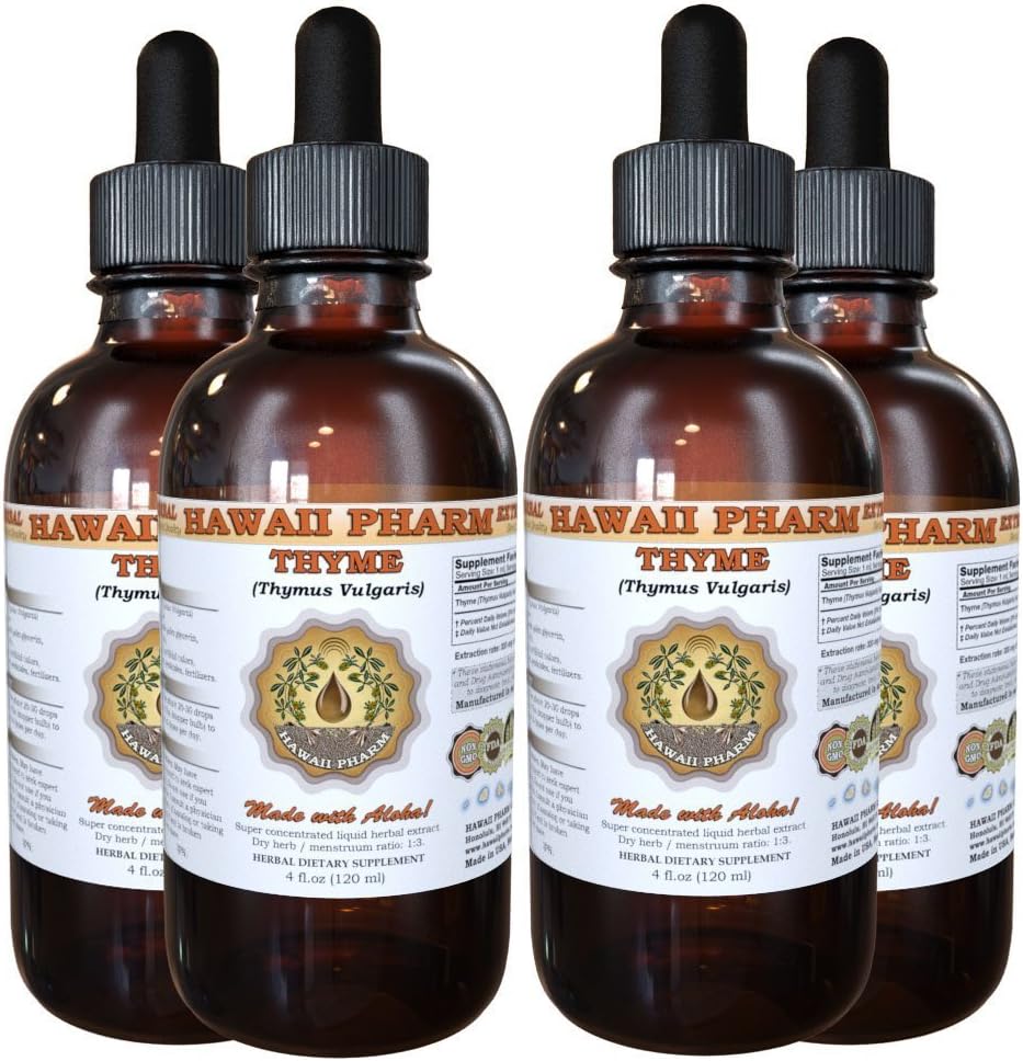 Tymián tekutý extrakt, organický tymián (Thymus Vulgaris) Tinktúra, bylinné doplnky, Hawaii Pharm, Made in USA, 4x4 fl.oz