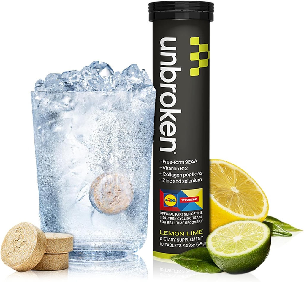 UNBROKEN 9EAA/BCAA Recovery Tablety na zotavenie (60% FREE-FORM/40% Di- & Tri-Peptidy), Aminokyseliny Supplement for Faster Recovery & Menej svalovej bolesti, Post & Pre-Workout for Men & Women, 10 Ser., Citrónová vápno
