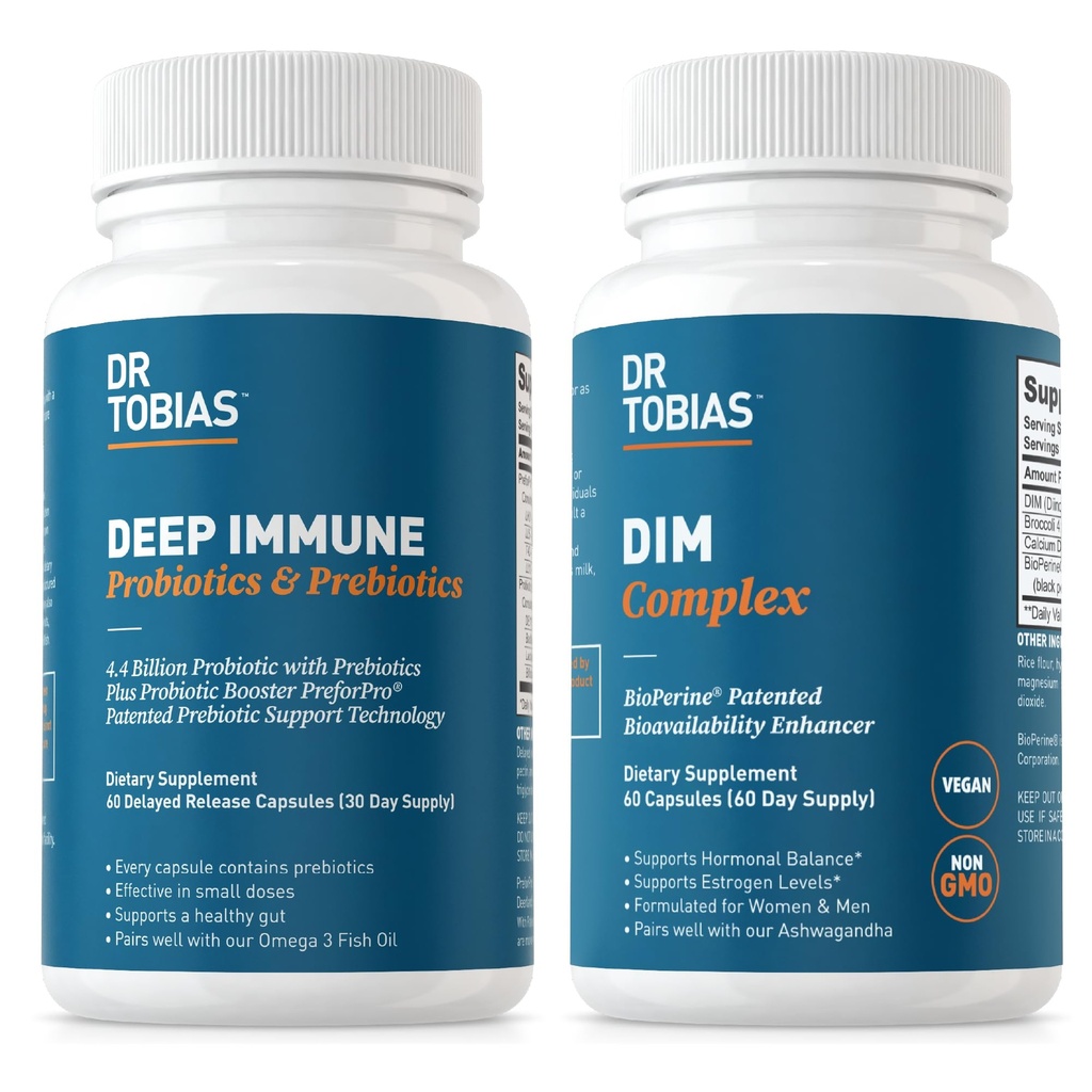Dr. Tobias Deep Immune Probiotiká & Prebiotiká a DIM komplex, podporuje tráviace zdravie, imunitné funkcie Gut, hormonálna rovnováha pre ženy a mužov