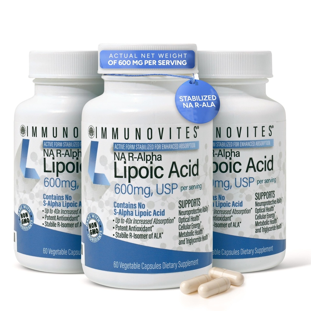 IMUNOVITES 3-Pack Stabilizovaná kyselina R-Alpha Lipoová ((Pravda)) 600 mg na podanie [[vysoká potencia & až 40x zvýšená absorpcia] (Na R-ALA) (Na R-LA) (Na R-Lipoát) (3 fľaše)