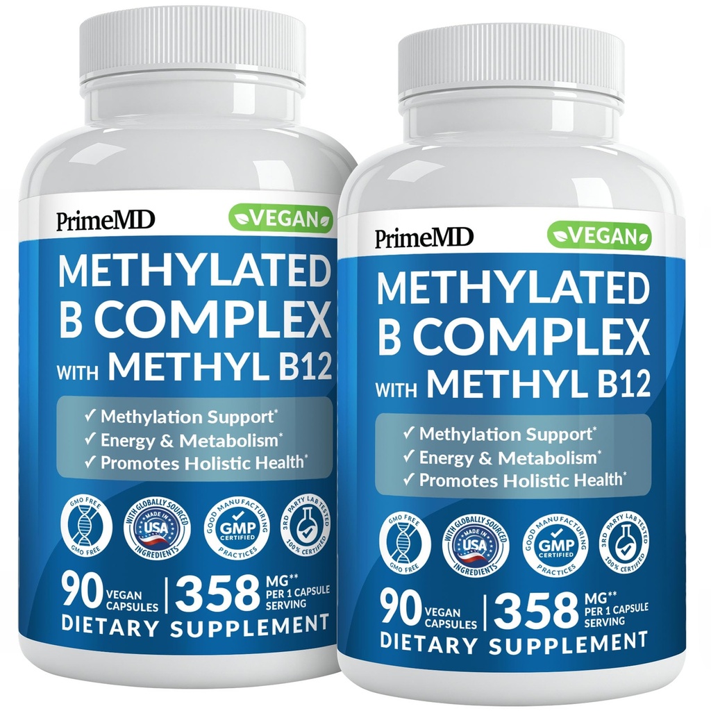 Metylovaný B komplex s metylfolátom a B12 Metylkobalamín 1000 μg - Metylovaný multivitamín pre energiu, mozgové funkcie a wellness - vitamín B komplex pre mužov a ženy (180 servings, balenie 2)