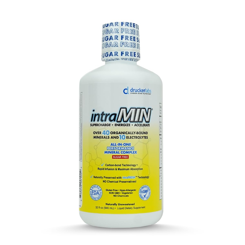 Drucker Labs - intraMIN Organic Liquid Minerals Supplement for Men, Women, Kids, Immune and Muscle Support, Non GMO, Gluten Free, Vegan, Electrolytes, Sugar Free (32 oz., Unflavred)