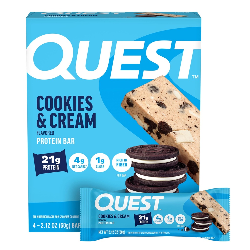 Quest Nutrition Cookies & Cream Protein Bars, 21g Protein, 4g Net Carbs, 1g Cukor, bez lepku, Keto Friendly, 4 g Count