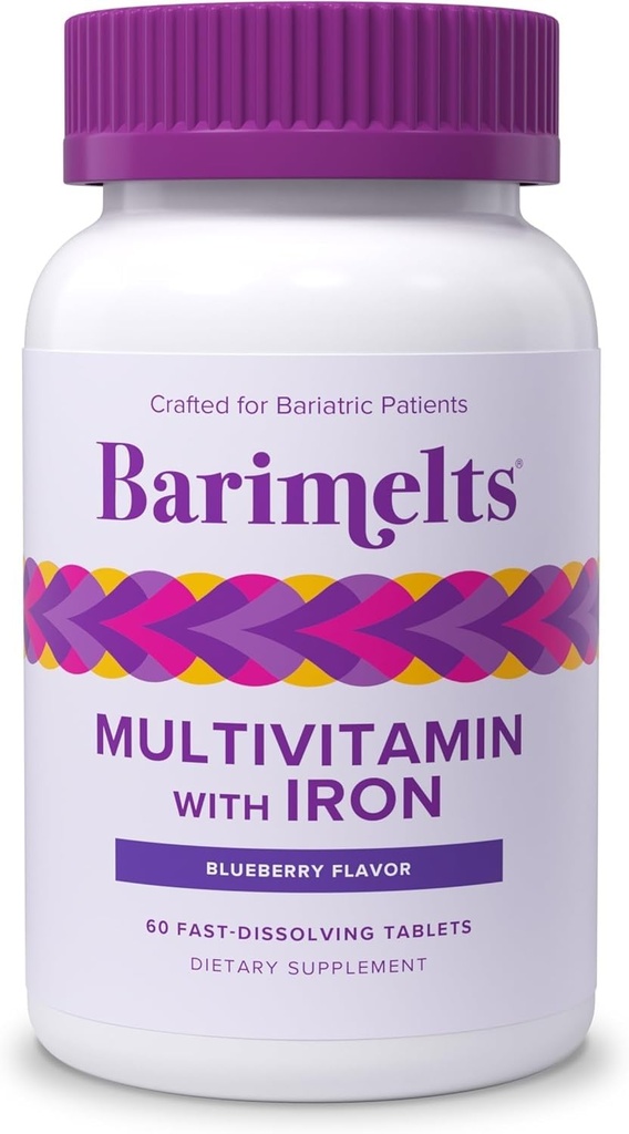 BariMelts Bariatric Multivitamín so železom - 1 mesiac Zásoba (60 rýchlorozpúšťajúce tablety) - Bezcukru - Post-Op Bariatrické vitamíny - prírodná čučoriedková chuť
