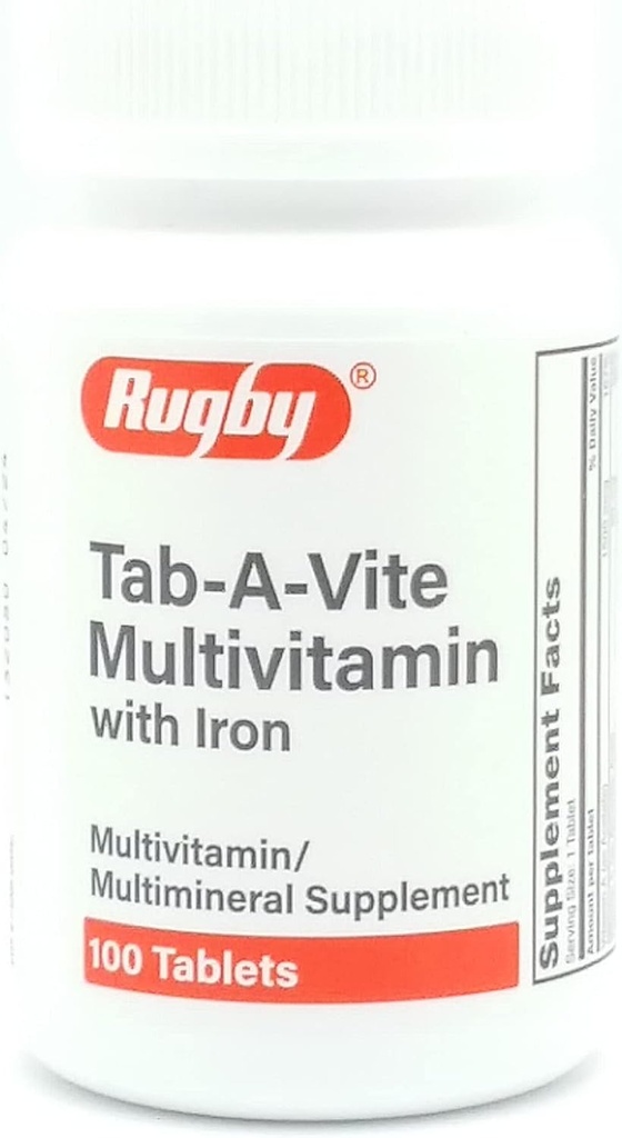 Rugby Laboratories Tab-A-Vite Multivitamín so železom Multimineral Supplement Vitamín A, C, D Tiamine Riboflavin Niacin Folát Kyselina pantoténová 100 tabliet (Pack of 1)