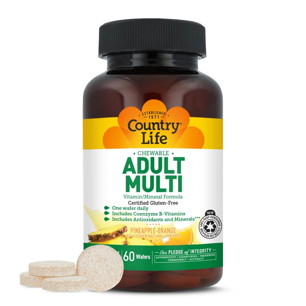 Country Life Adult Chewable Multivitamín s koenzýmom B-vitamíny, Antioxidanty, Minerály, Ananás-Orange Flavor - podporuje energetický metabolizmus a imunitné zdravie, bez lepidla - 60 Wafers