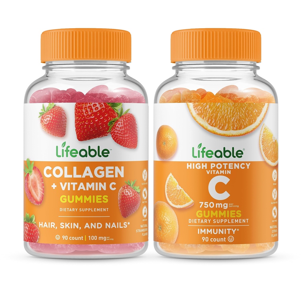 Životaschopný kolagén a vitamín C + vitamín C 750mg, Gummies Bundle - veľké ochutnávky, vitamínové doplnky, bez lepidla, bez GMO, žuvacia guma