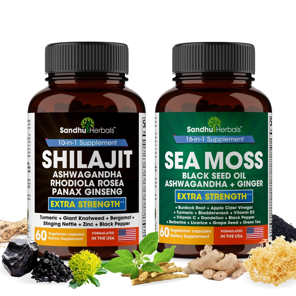 Shilajit Sea Moss Ashwagandha Combo Bundle - Black Seed Oil, Turmeric, Rhodiola Rosea, Panax, Ženšen Supplement 