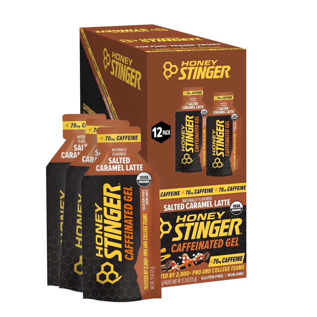 Honey Stinger Organic Salted Caramel Energy Gel, kofeínové a lepené zadarmo, pre cvičenie, beh a výkon, športové výživa pre domáce a telocvične, Pre a stredné cvičenie, 12 balenie, 13.2 Ounce