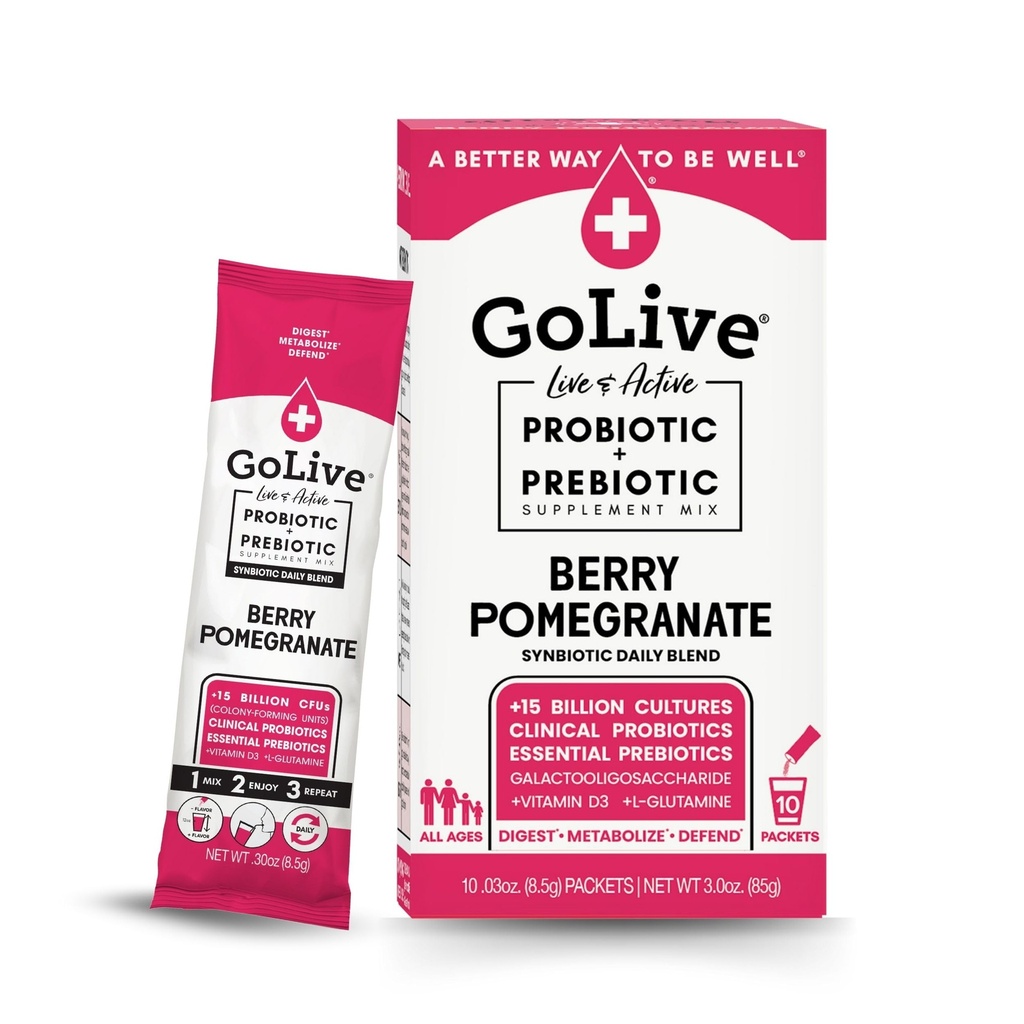 Golive Prebiotické a probiotické pre ženy, mužov, deti. Berry Pomegranate Synbiotic Powder w/ L- Glutamine, Vitamín D3, Electrolytes. Pre zdravie Gut, trávenie, metabolizmus, imunita 15-50B CFU.