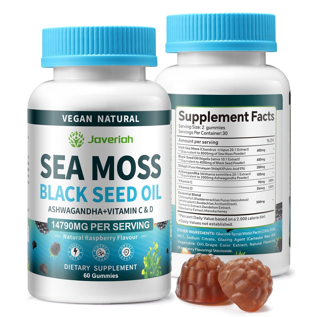 Vegan Ashwagandha Sea Moss Gummies - Čierny olej zo semien, vitamín C a D pre imunitnú podporu, trávenie, Antioxidant 13 v 1 Bundle, Morské Moss Chlorofyl Advanced sila Formula 2Pack 120 Gummy