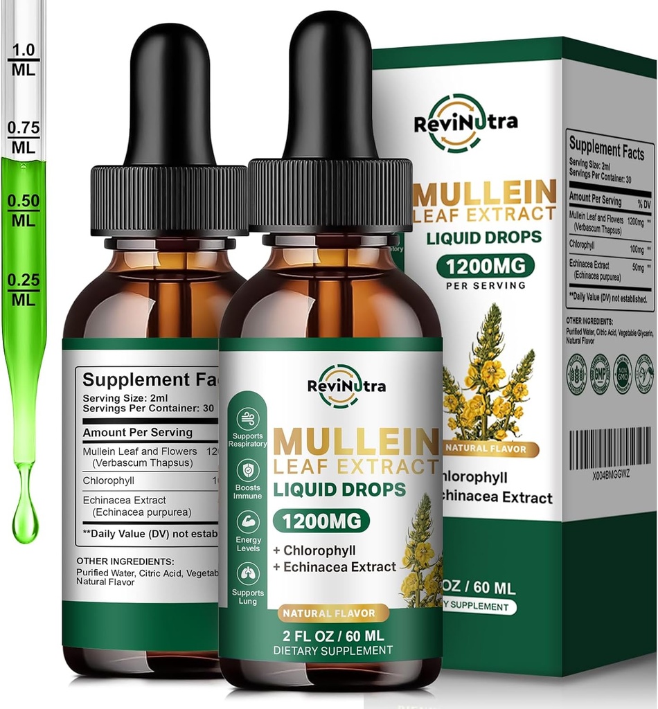 2 balenie Mullein kvapky pre Pľúca, 1200mg Mullein Leaf Extract Tekuté kvapky s chlorofylom pre Pľúcne čistenie a detox, Podpora pre dýchacie, Immune, Tráviaci systém