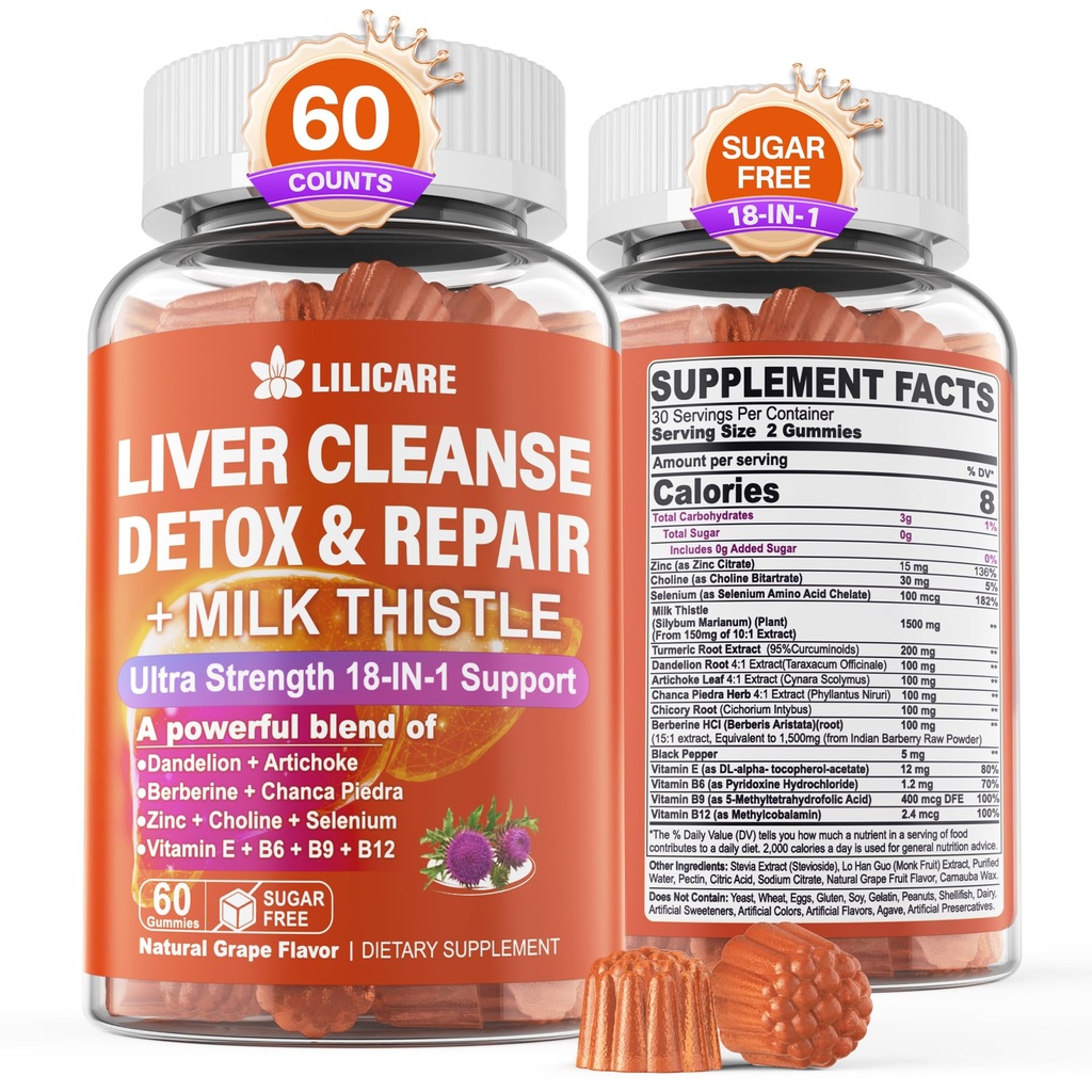 1Pack Milk Thistle Pečeň Detox Gummies, 18-v-1 Pečeň Čistiť Detox a opravy doplnok s Berberín, korene čakanky, kurkuma, Artičok, Púpava Root, Chanca Piedra, Vitamíny B6 B12 - bez cukru