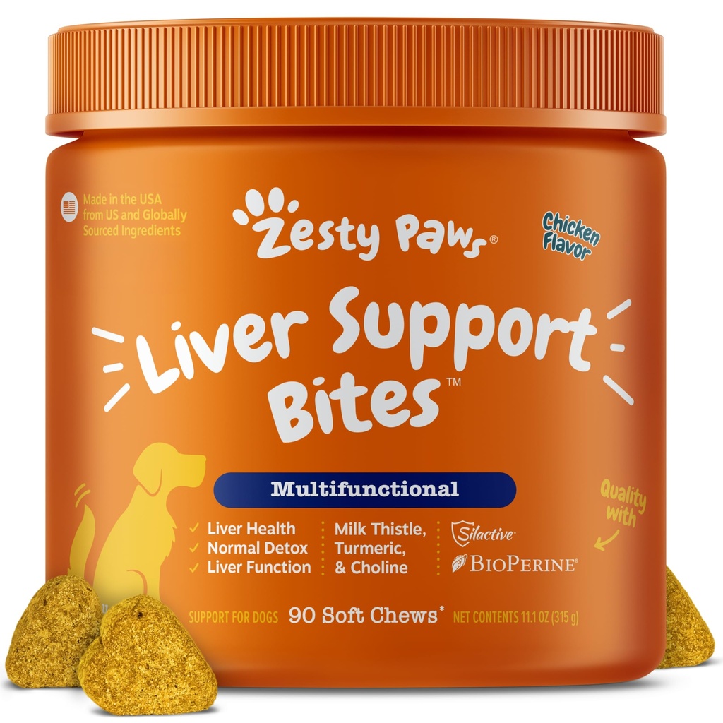 Zesty Paws Pečeň podpora doplnok pre psy - s mliekom Thitle extrakt, Turmeric Curcumin, Choline - Soft Chew Formula - pre Psie pečeň funkcie
