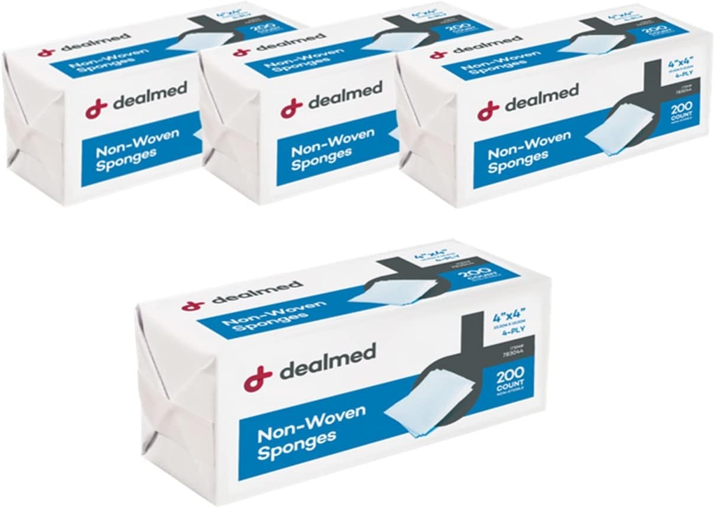 Dealed non-Woven Gauze Sponga - 4-Ply, 4" x 4" All-Purpose Non-Sterile Absorbent Dental Gauze Wound Care for First Aid Kit/Medical Facilities, 200 Count (Pack of 4)