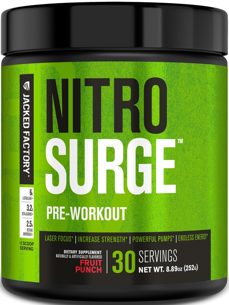 Jacked Factory NITROSURGE Pre Cvičenie Supplement - Nekonečná energia, okamžitá sila získava, jasné zameranie a intenzívne čerpadlá - NO Booster & Výkonný preworkout Powder Energy - 30 Serviv, Ovocie Punch